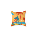 Decorative pillow with tropical design featuring palm trees and a beach on a yellow background.