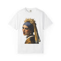White t-shirt with a graphic of a woman with a pearl earring on a white background