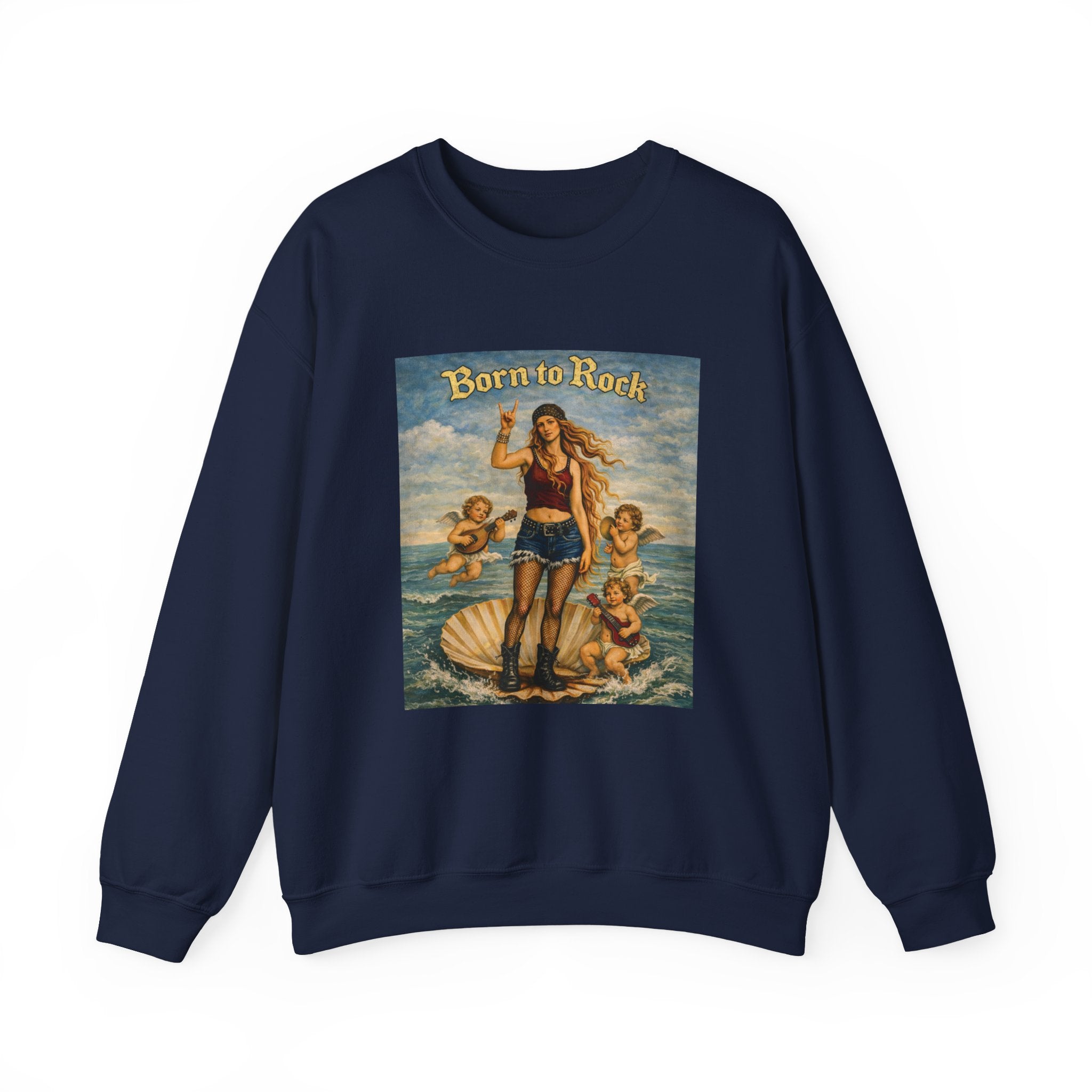 Navy blue sweatshirt with a graphic design of Botticelli's Venus with 'Born to Rock' text on a white background