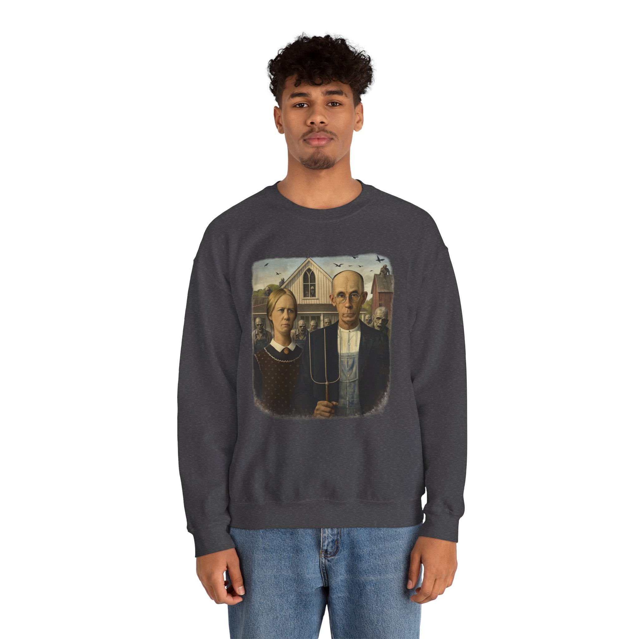 Man wearing Dark gray sweatshirt with a reimagined image of American Gothic by Grant Wood on a white background