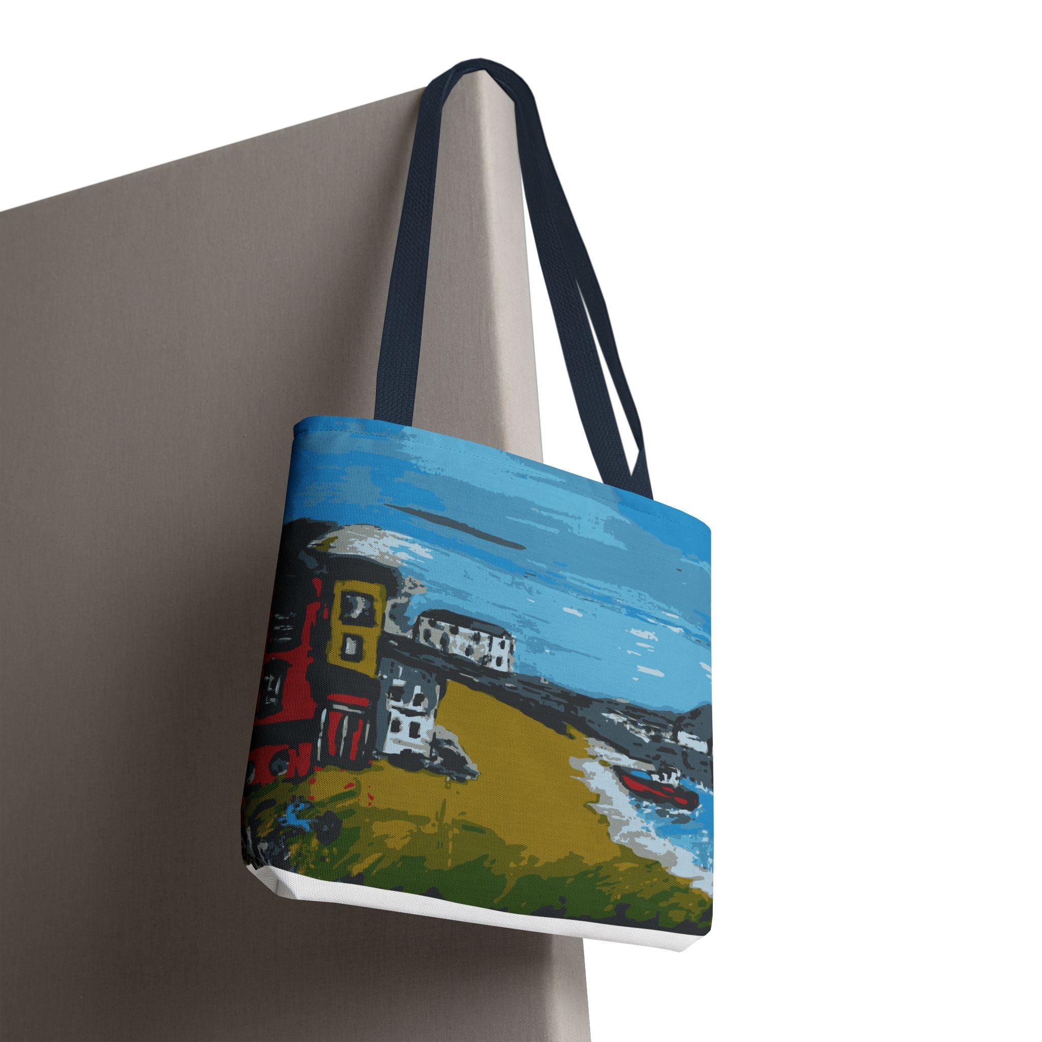 Tote bag with a scenic design of  Viking Bay in Broadstairs, Kent showing houses and boats on a white background