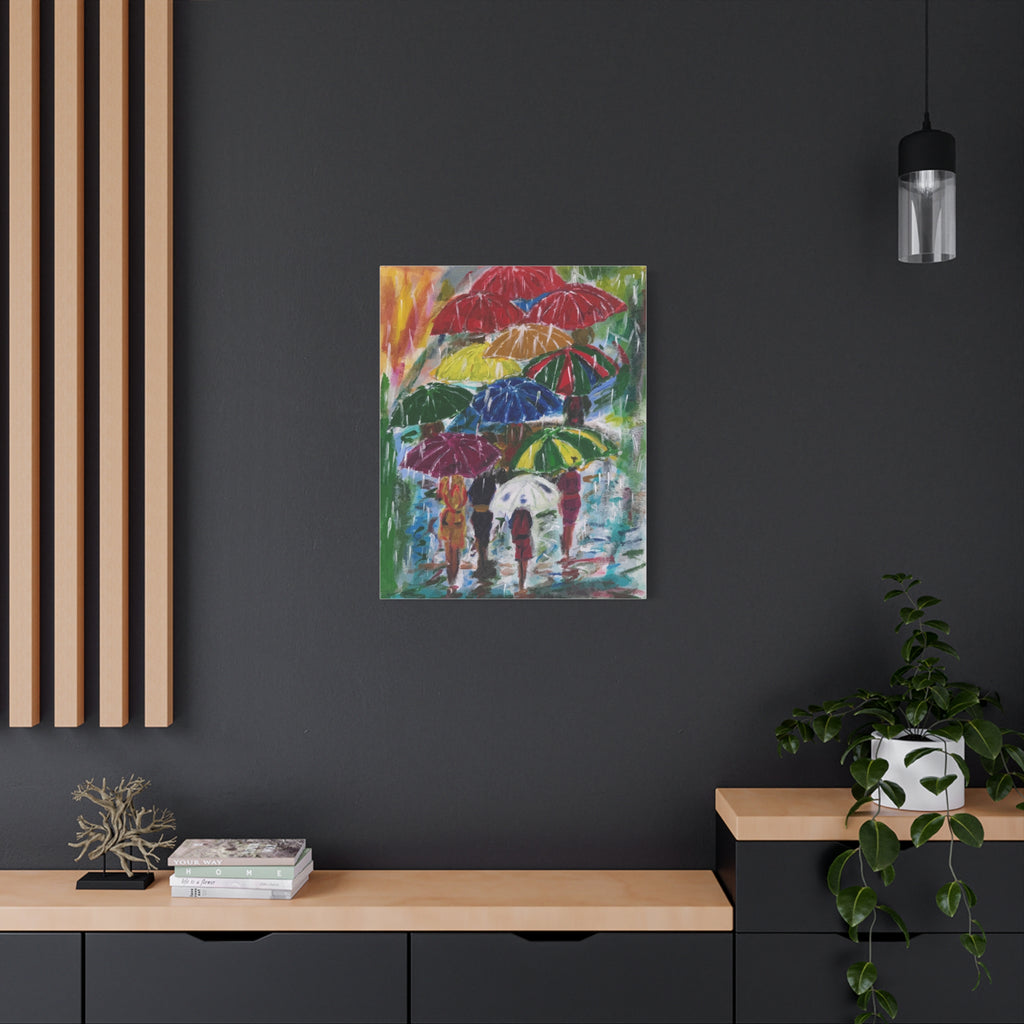 Colorful abstract painting on a dark wall above a wooden shelf.