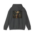 Dark Heather hoodie with a graphic of a Vettriano inspired Singing Butler print on the back on a white background