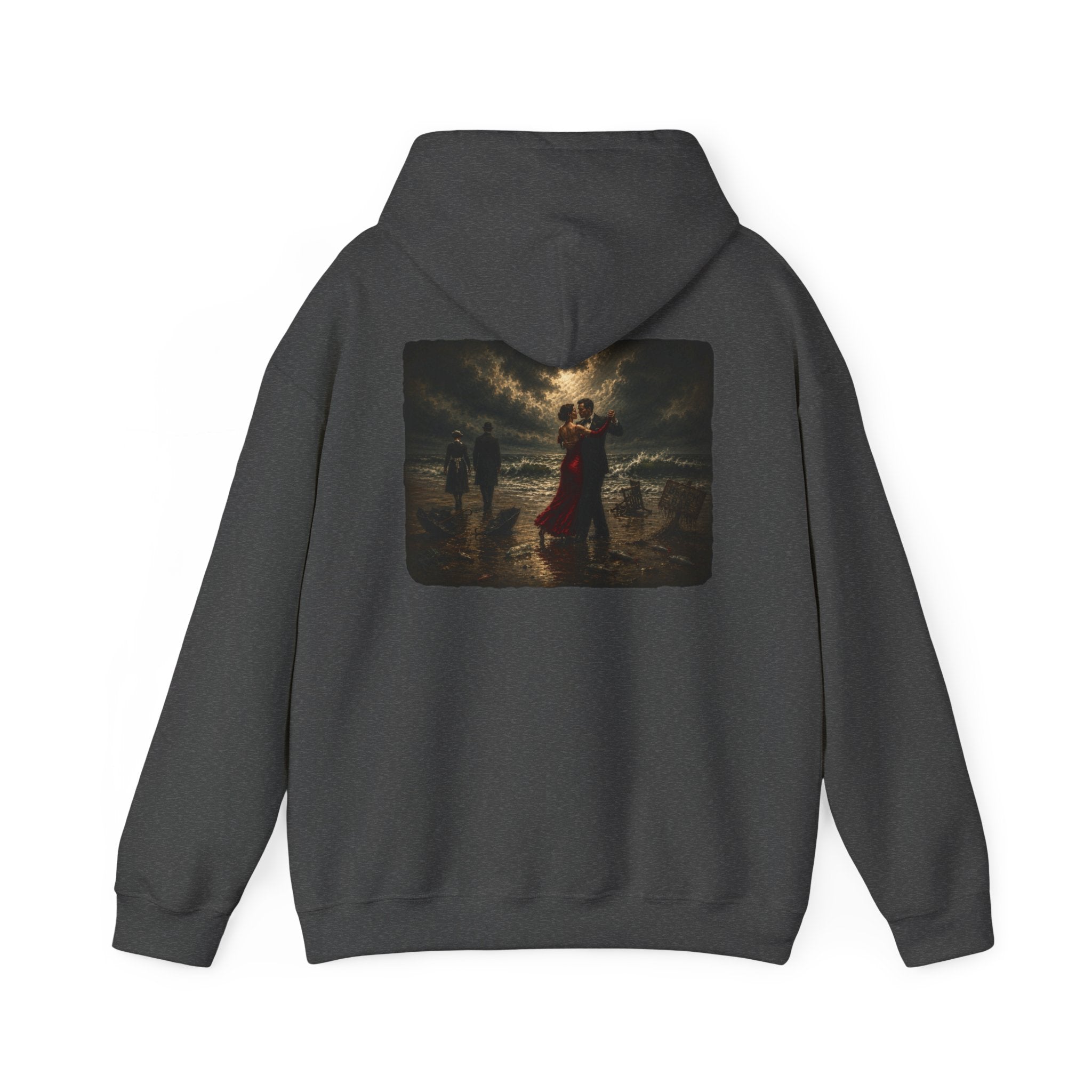 Dark Heather hoodie with a graphic of a Vettriano inspired Singing Butler print on the back on a white background