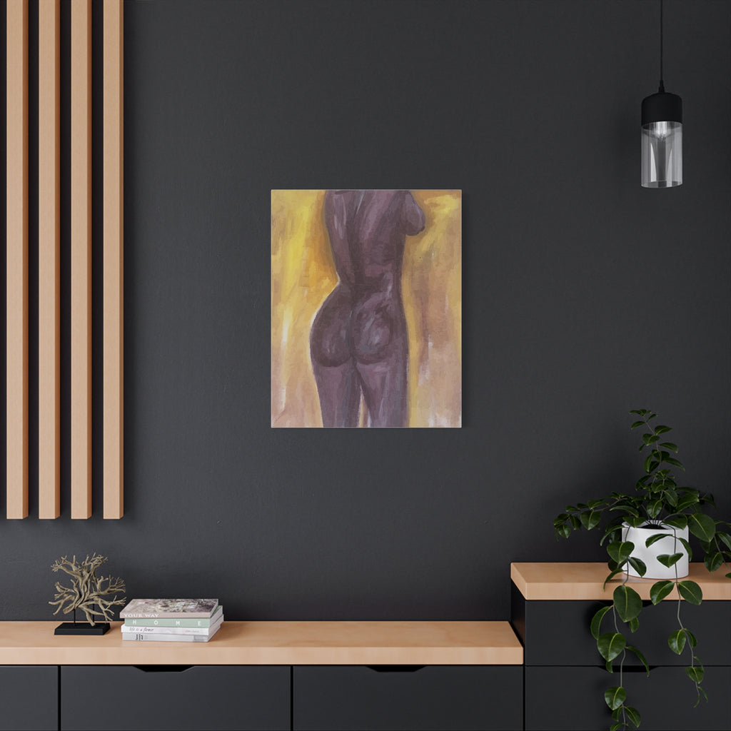 Artistic depiction of a nude figure on a dark wall with minimal decor.