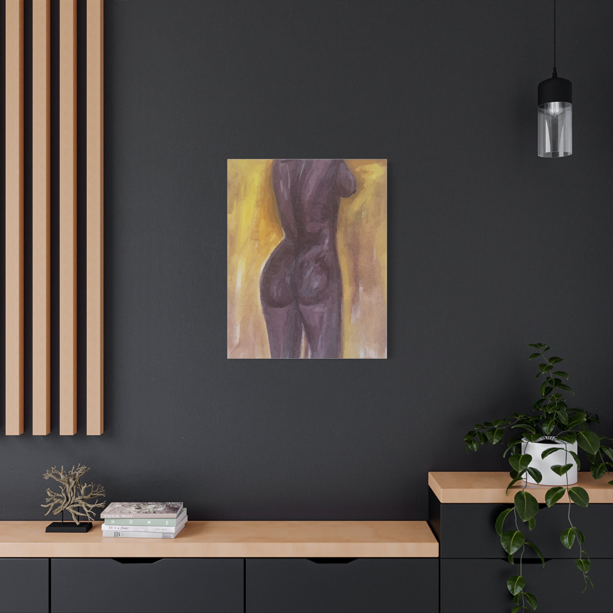 Artistic depiction of a nude figure on a dark wall with minimal decor.