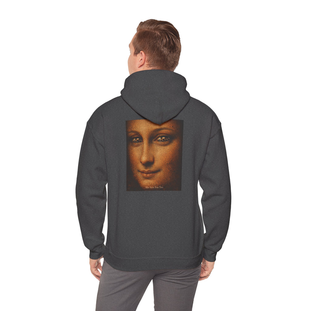Man wearing heather hoodie showing a reimagined graphic of Da Vinci's Mona Lisa on a white background 