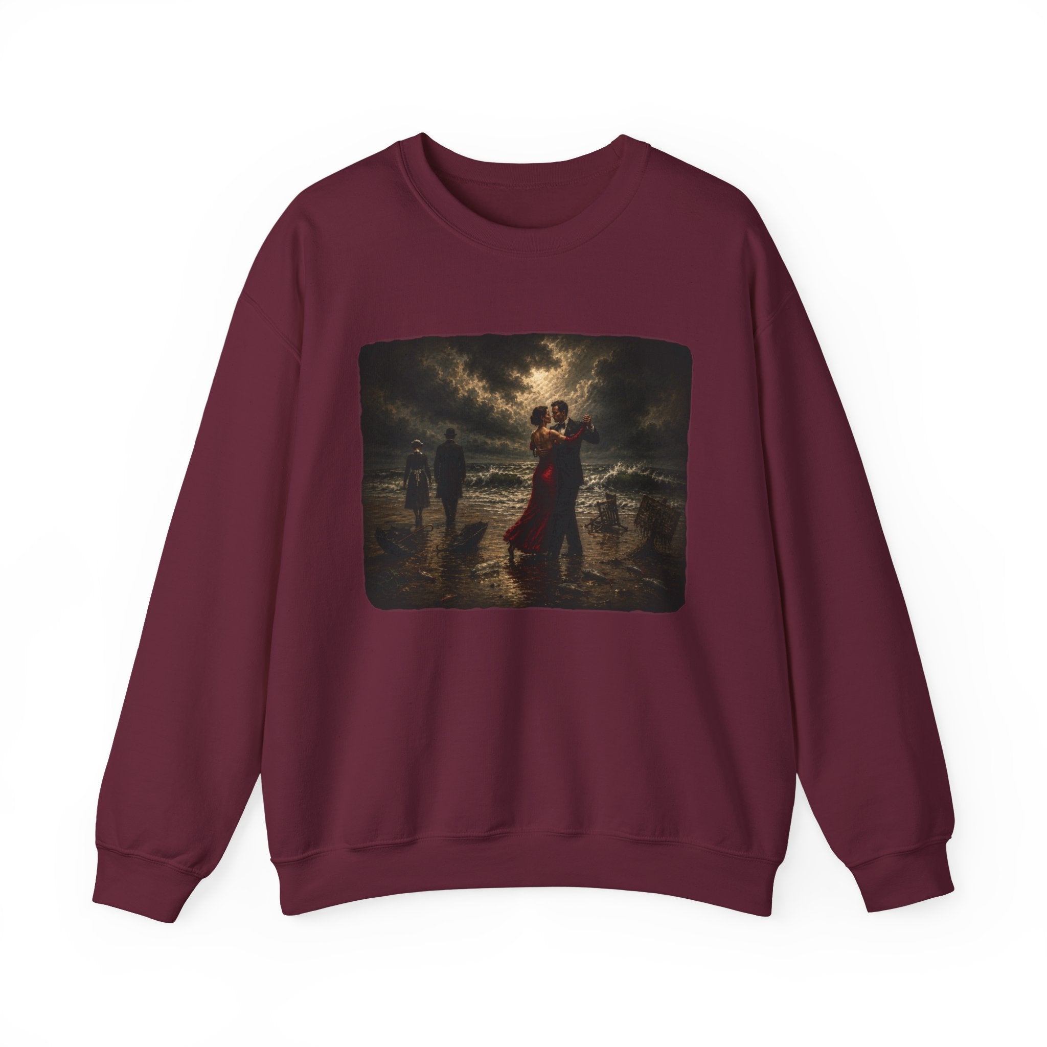 Maroon sweatshirt with a printed design of a Vettriano inspired singing butler image