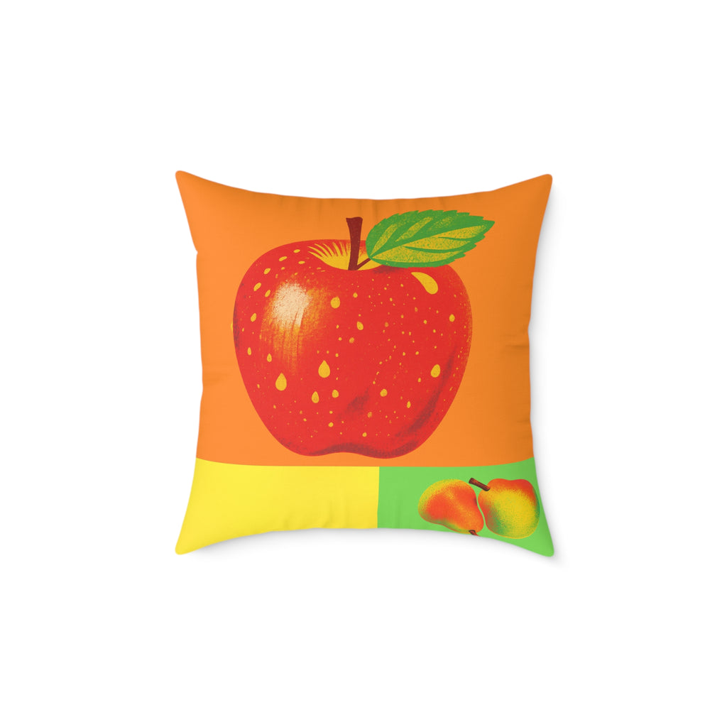 Decorative pillow with a red apple design on an orange background