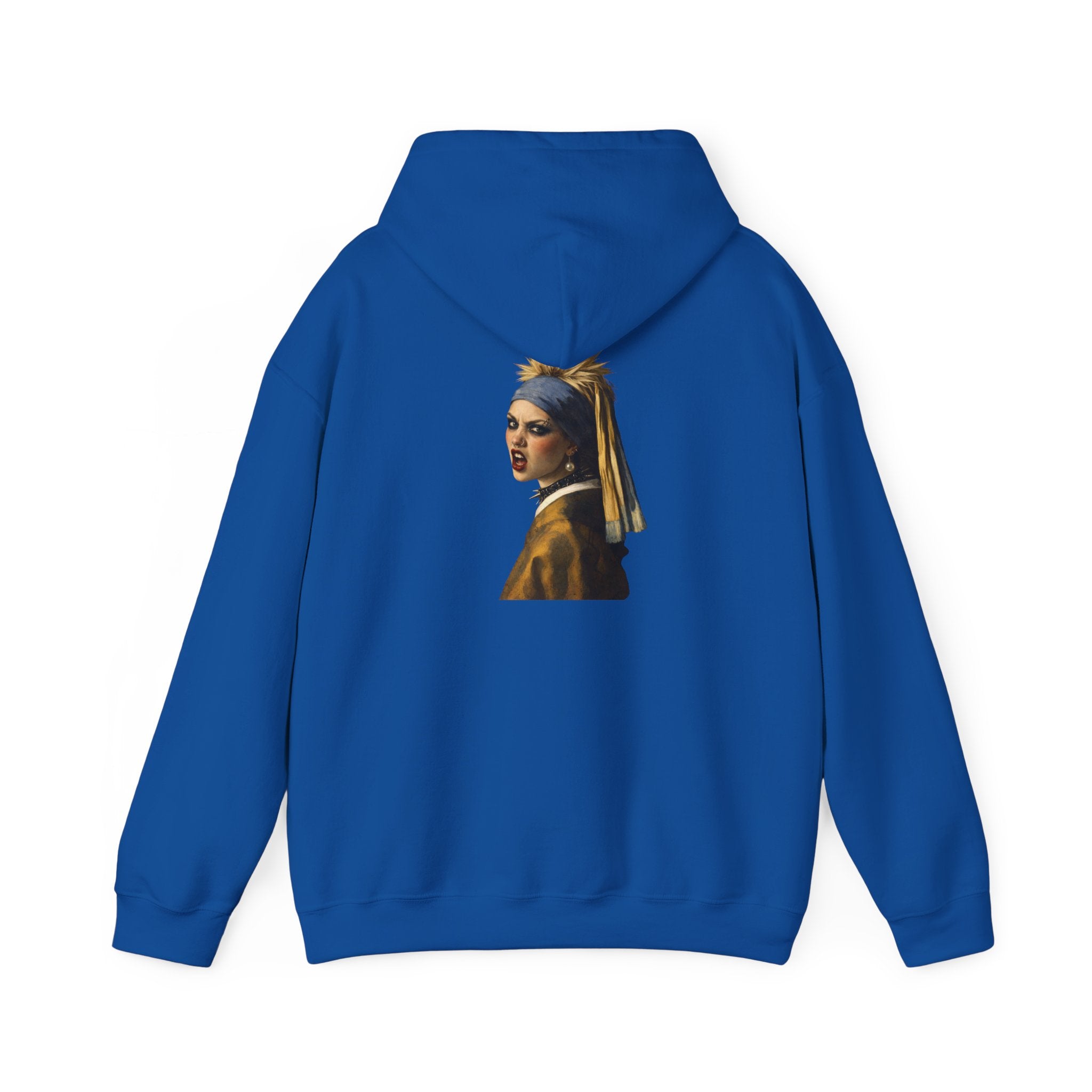 Blue hoodie with a graphic of a reimagined Vermeer girl with a pearl earring on the back, displayed on a white background