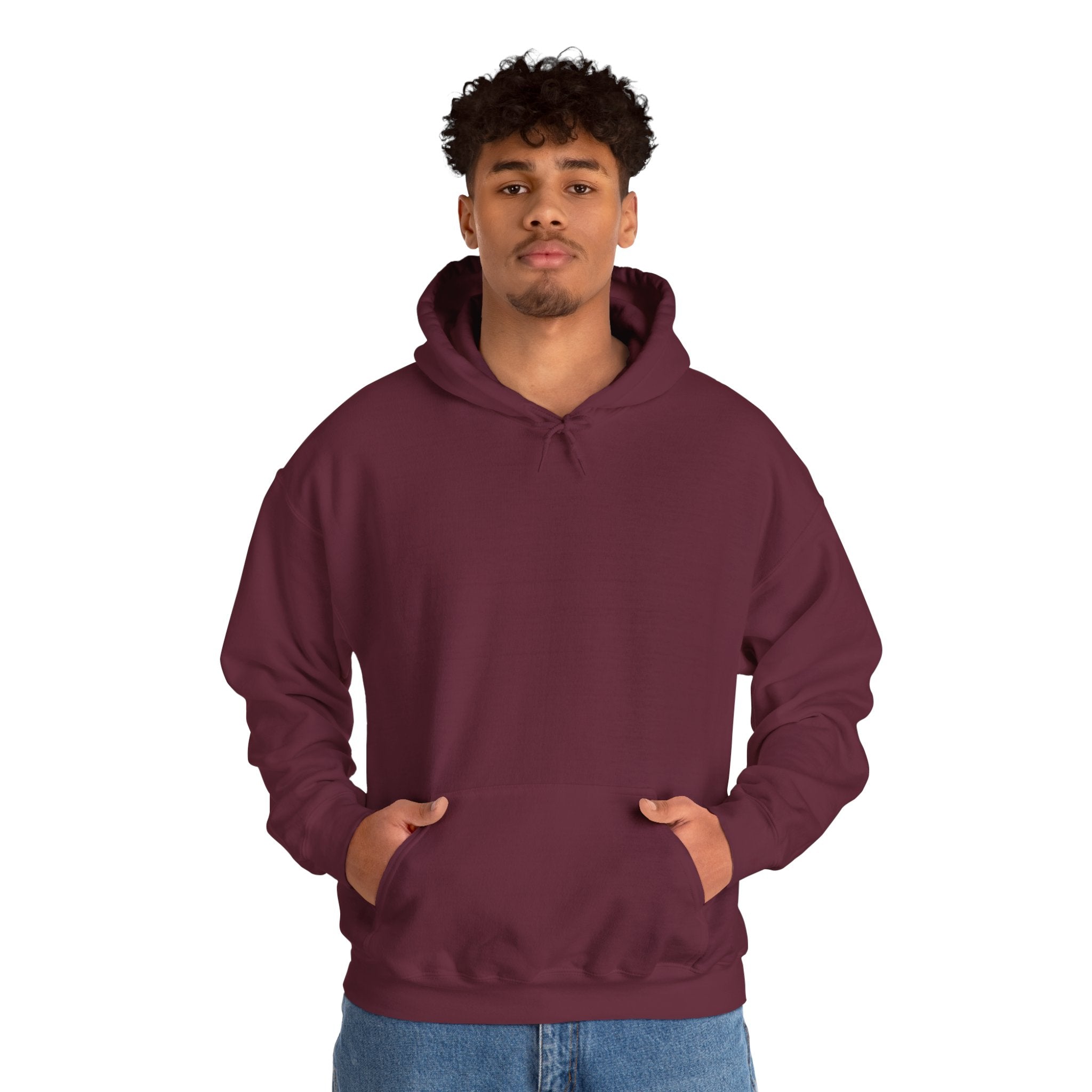 man wearing maroon hoodie showing front view with a reimagined image of Botticelli's Venus on the back with Born to Rock text on a white background 