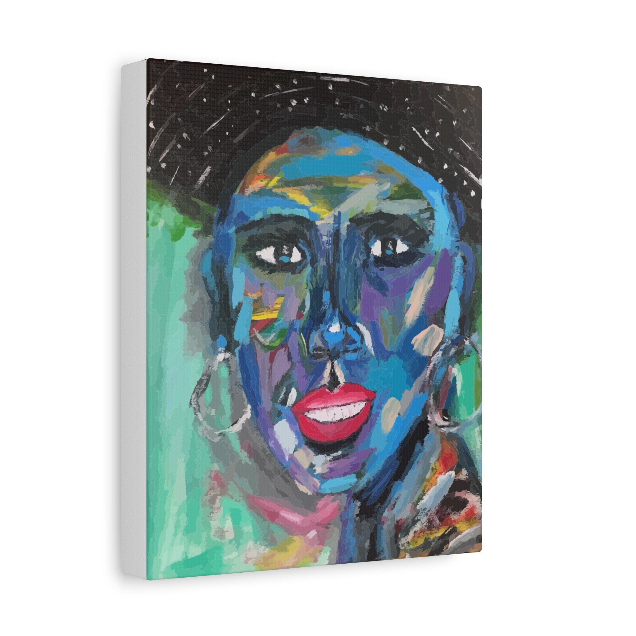 Colorful abstract painting of a face on a green background