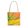 Colorful tote bag with leaf pattern inspired by Ragged Point, St Philip, Barbados on a white background