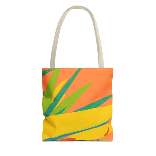 Colorful tote bag with leaf pattern inspired by Ragged Point, St Philip, Barbados on a white background