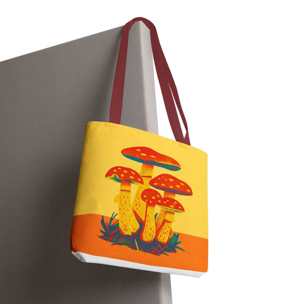 Tote bag with mushroom design on a white background