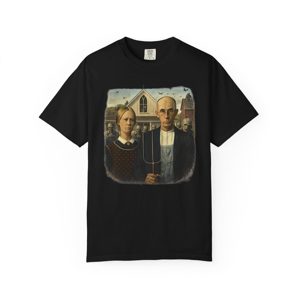 Black t-shirt with reimagined image of zombies in American Gothic by Grant Wood on a white background