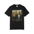 Black t-shirt with reimagined image of zombies in American Gothic by Grant Wood on a white background