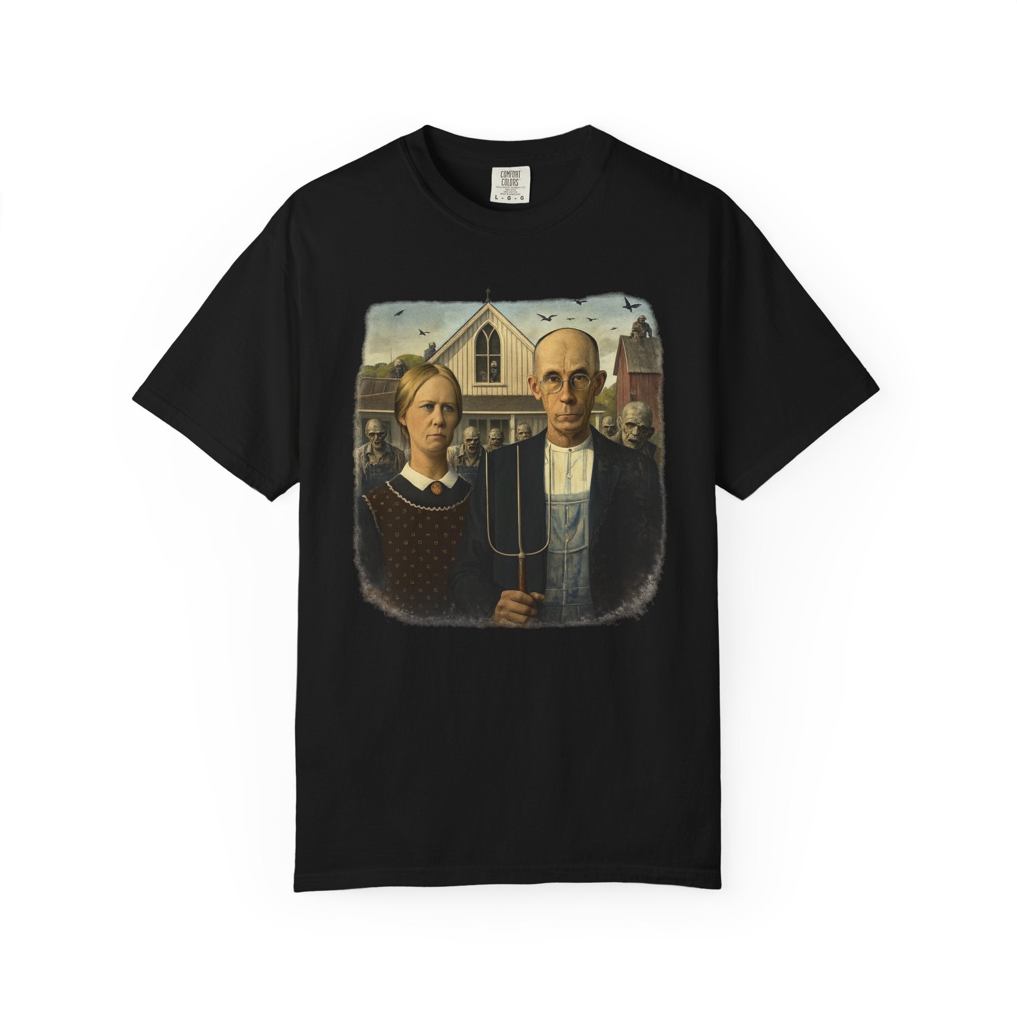 Black t-shirt with reimagined image of zombies in American Gothic by Grant Wood on a white background