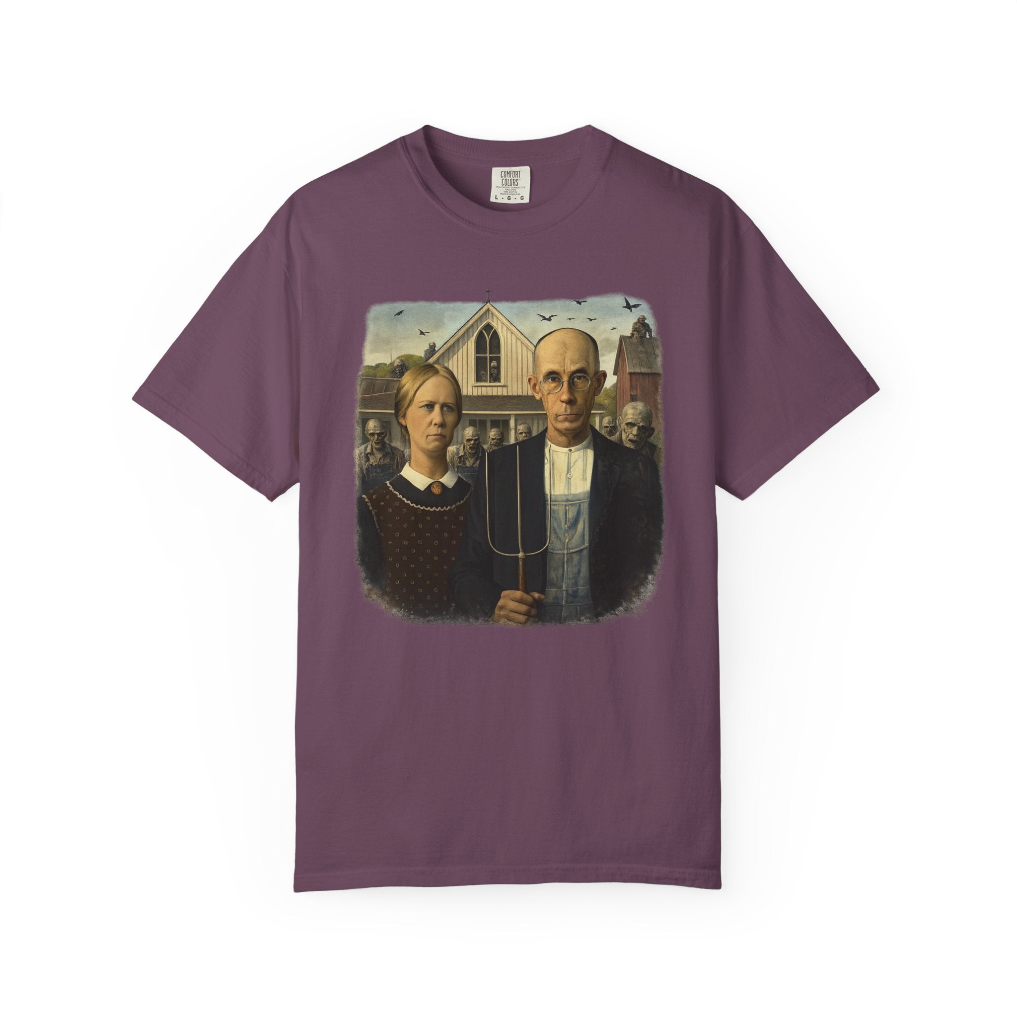Burgundy t-shirt with reimagined image of zombies in American Gothic by Grant Wood on a white background