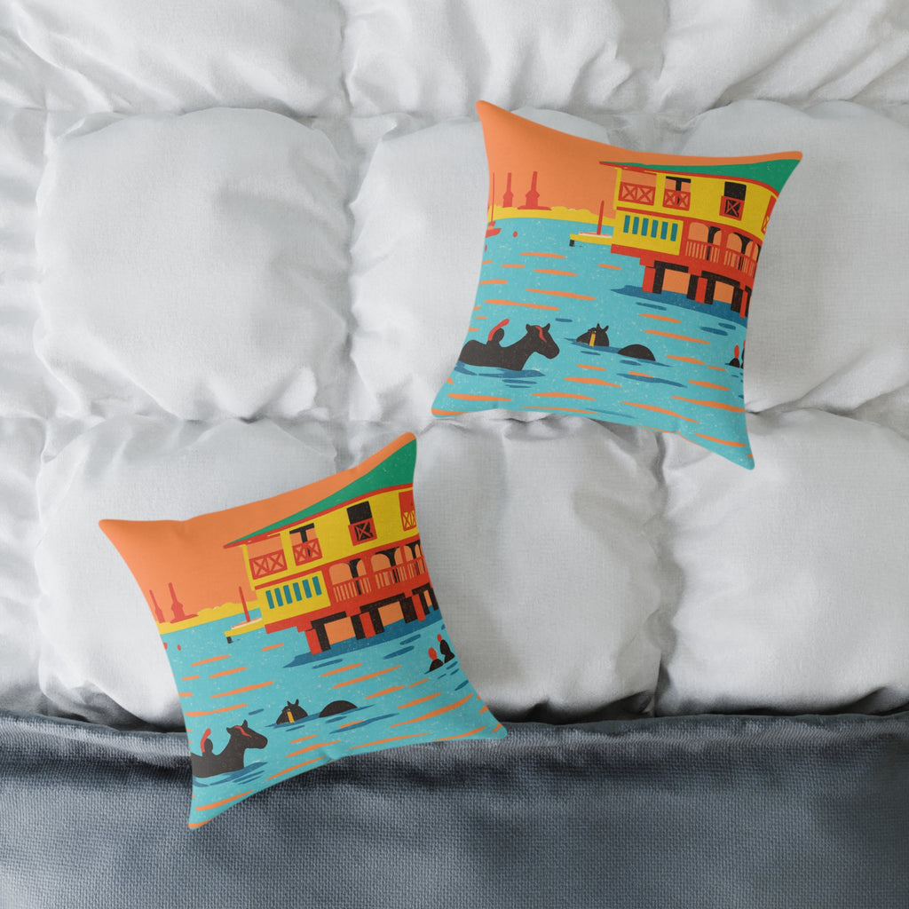 Two decorative pillows with a houseboat design on a bed.