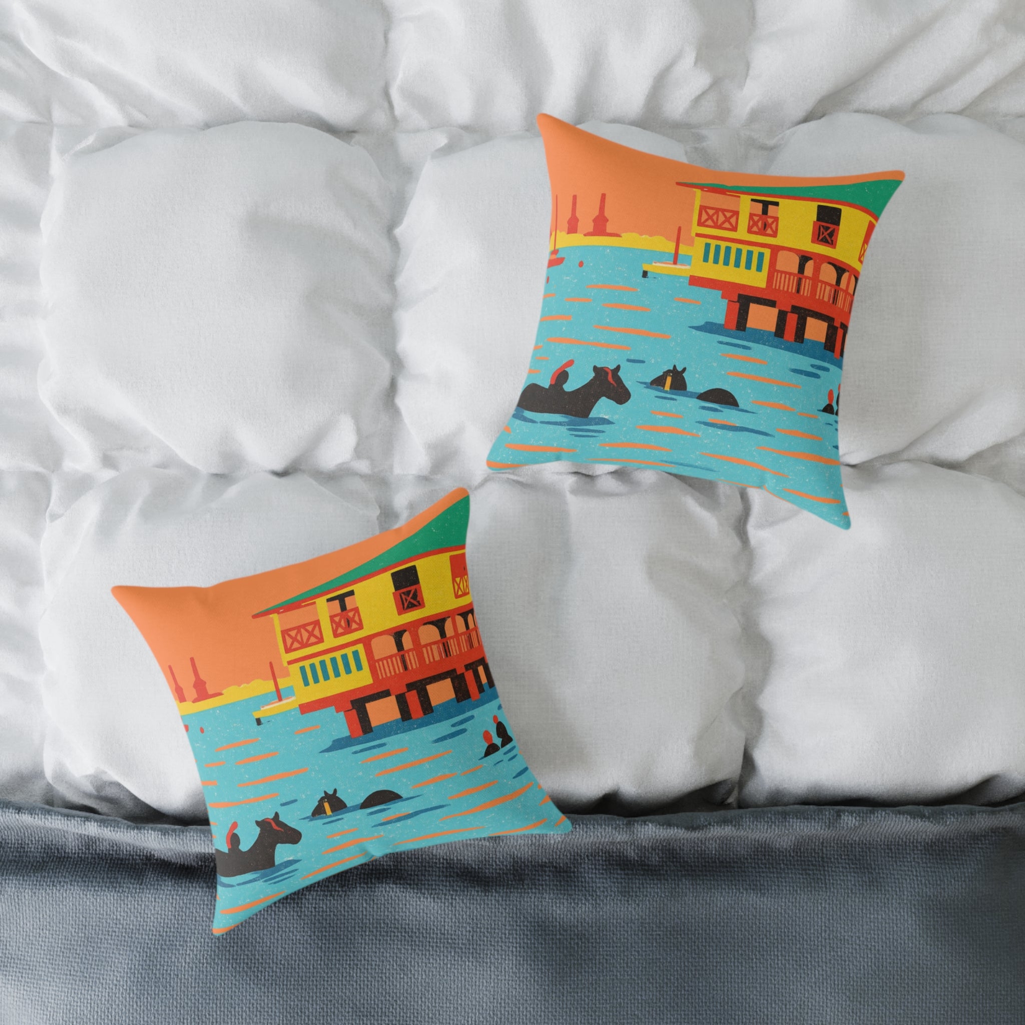 Two decorative pillows with a houseboat design on a bed.
