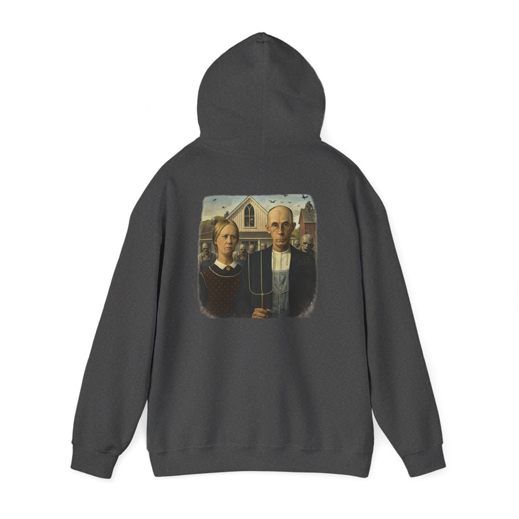 Heather hoodie with a graphic of a  reimagined American Gothic by Grant Wood on the back, displayed on a white background.