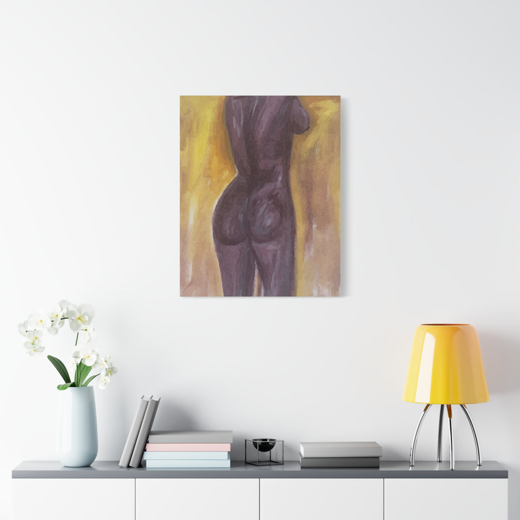 Abstract painting of a nude figure on a wall above a shelf with decor items.