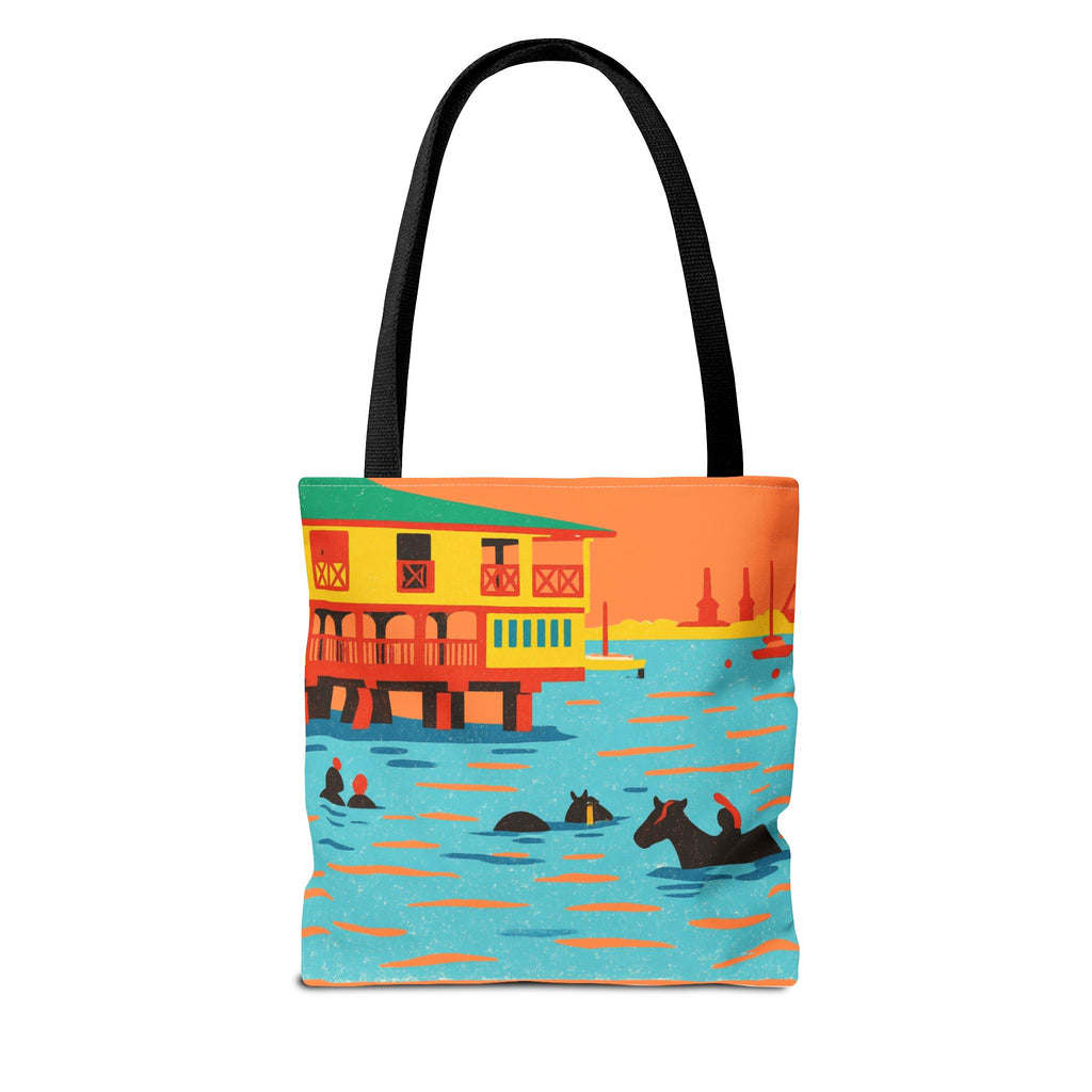 Tote bag with colourful scene of horses swimming at Pebbles Beach, Barbados