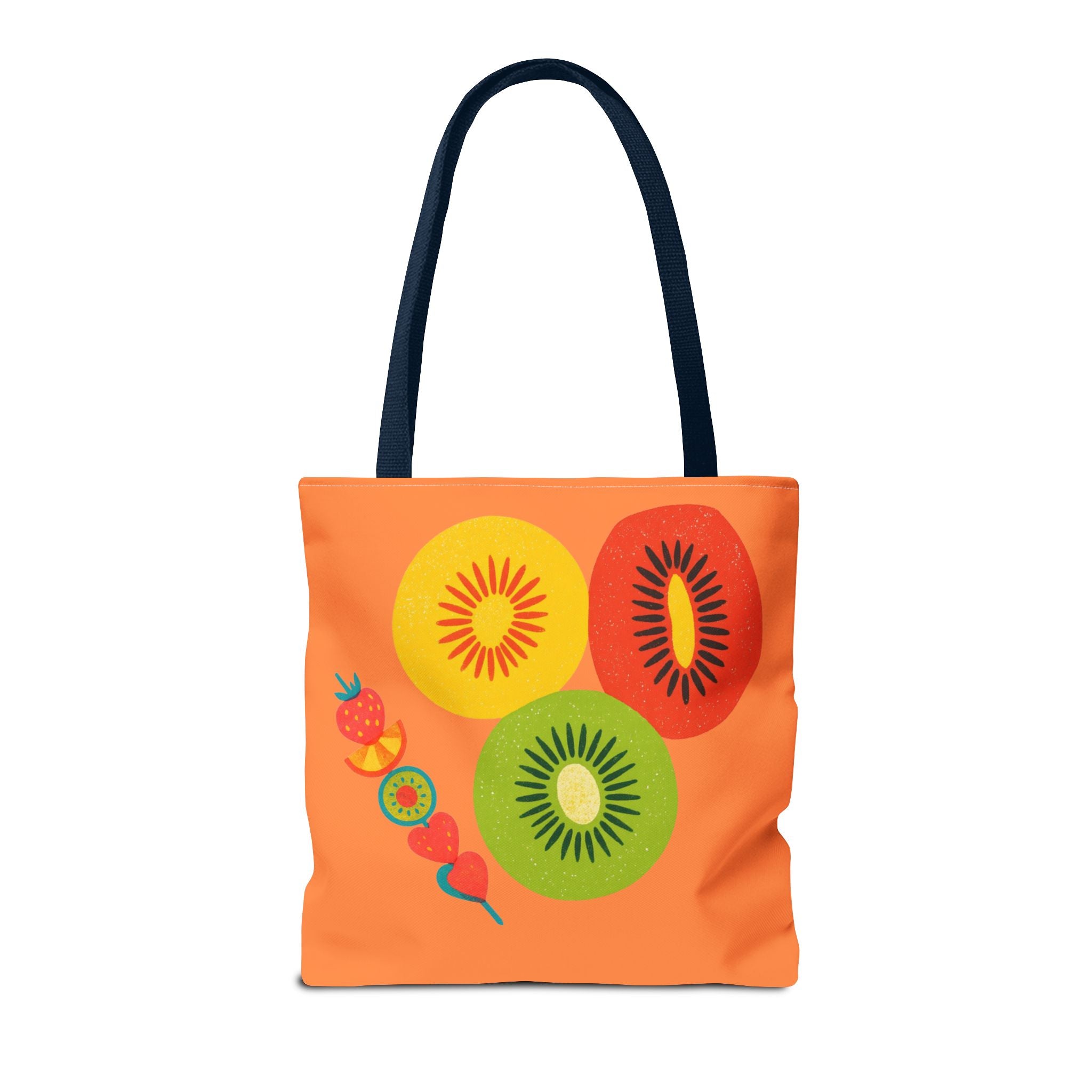 Tote bag with fruit design on an orange background