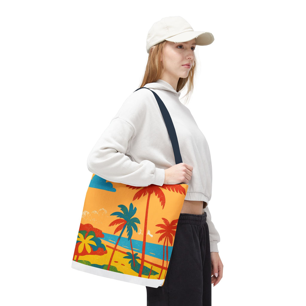 Person holding a colorful tote bag with palm tree design inspired by St Philip in Barbados on a white background