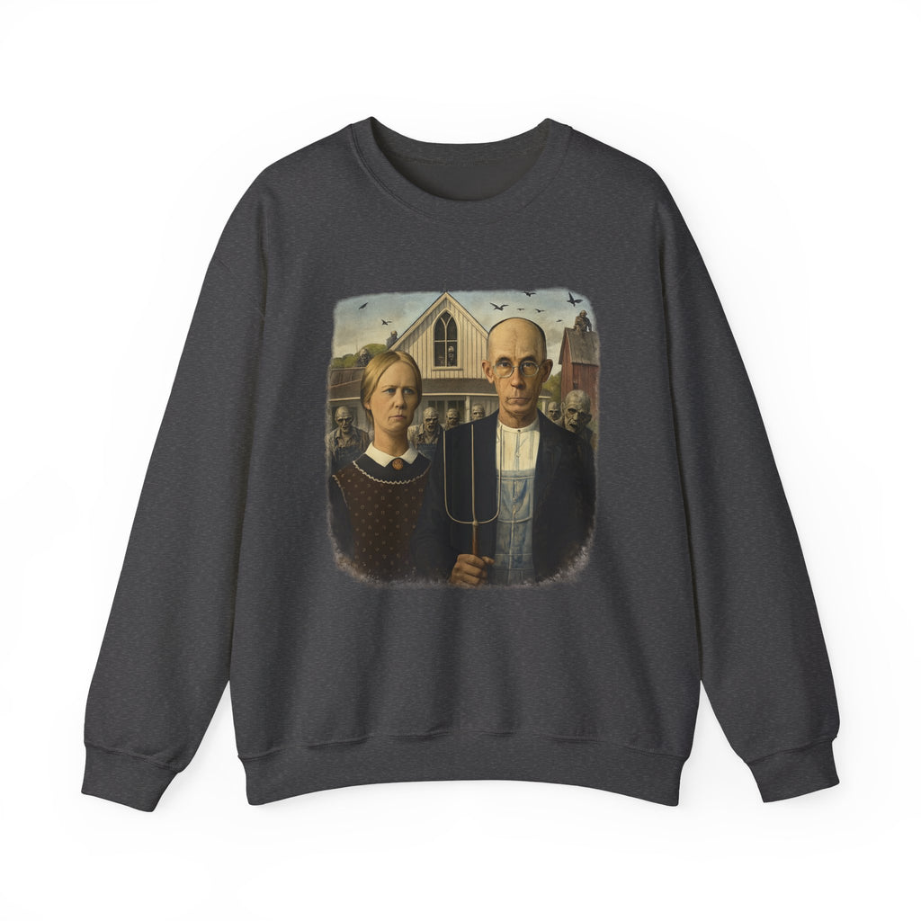 Dark gray sweatshirt with a reimagined image of American Gothic by Grant Wood on a white background