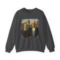 Dark gray sweatshirt with a reimagined image of American Gothic by Grant Wood on a white background