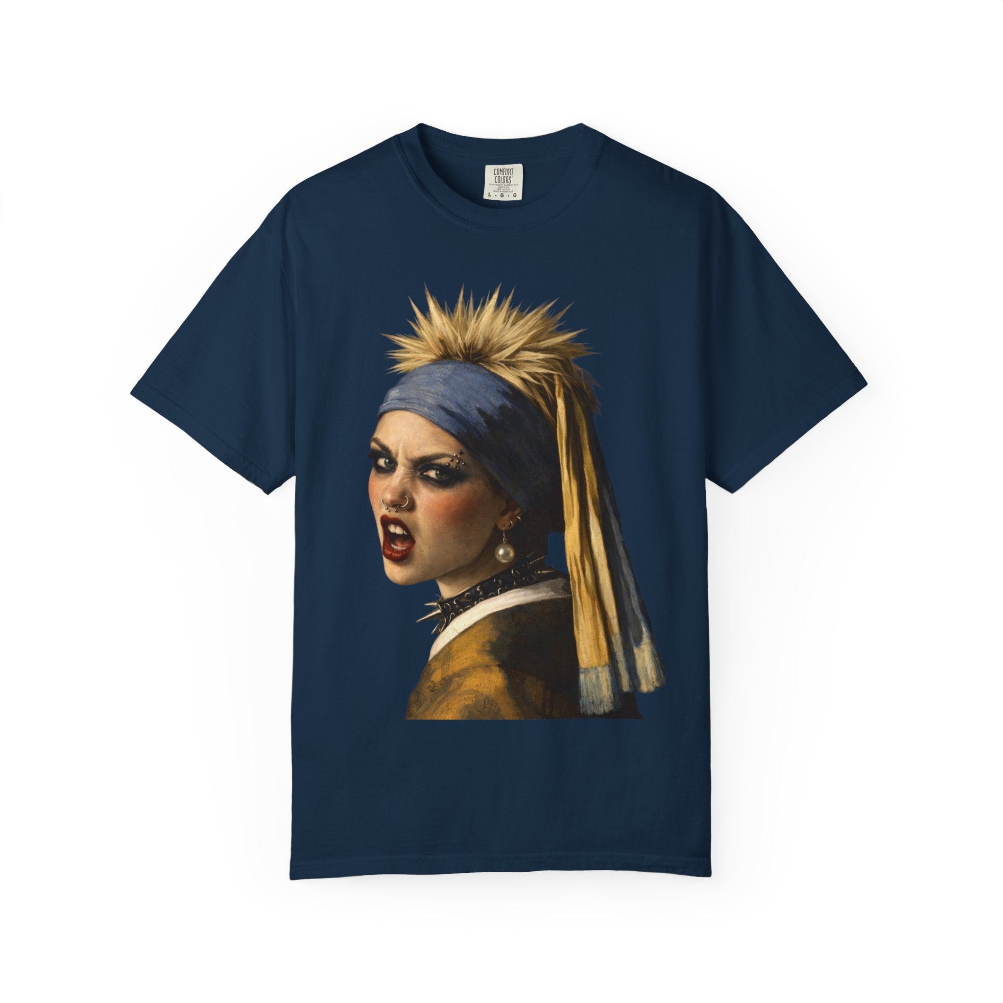 Navy blue t-shirt with a graphic of a modern interpretation of 'Girl with a Pearl Earring' on a white background