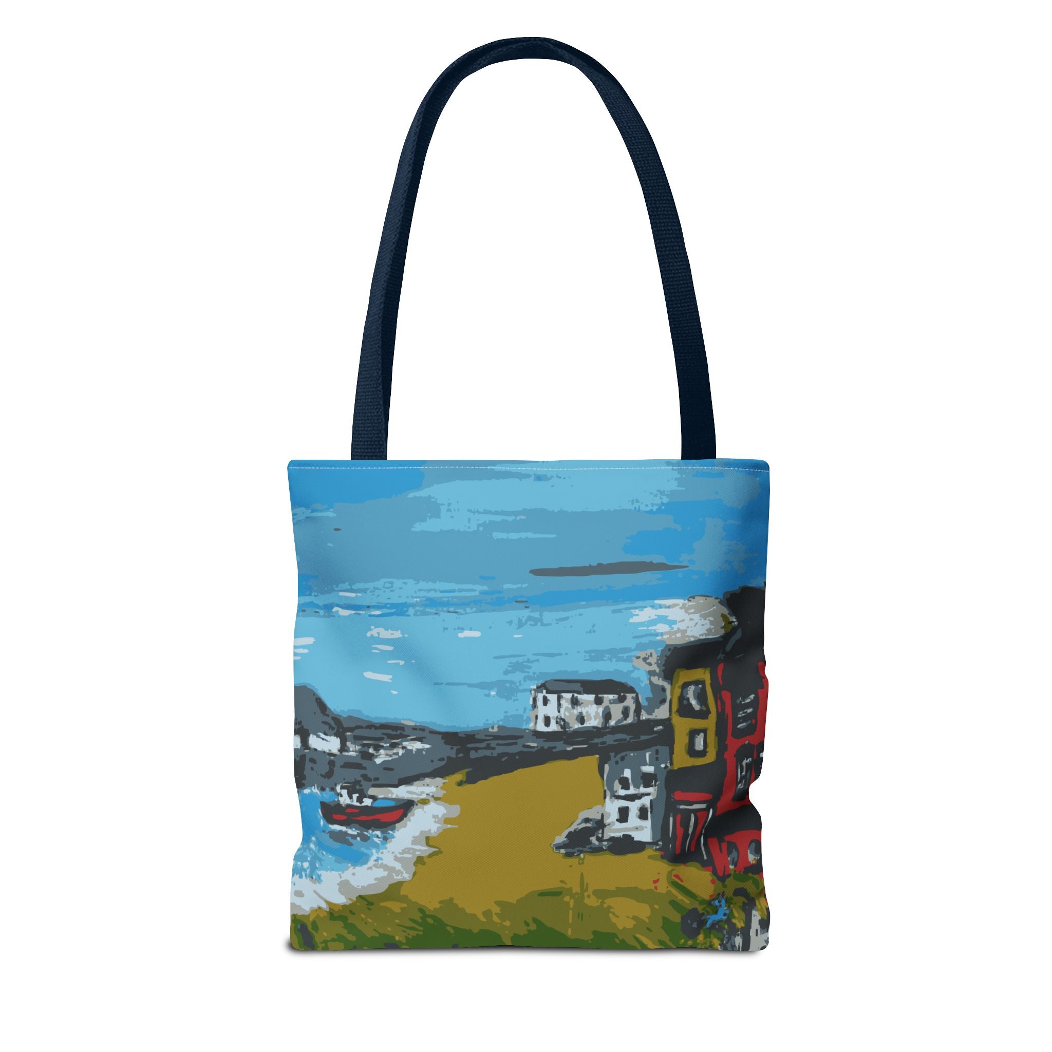 Tote bag with a scenic design of  Viking Bay in Broadstairs, Kent showing houses and boats on a white background