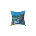 Decorative pillow with a coastal scene painting on a white background