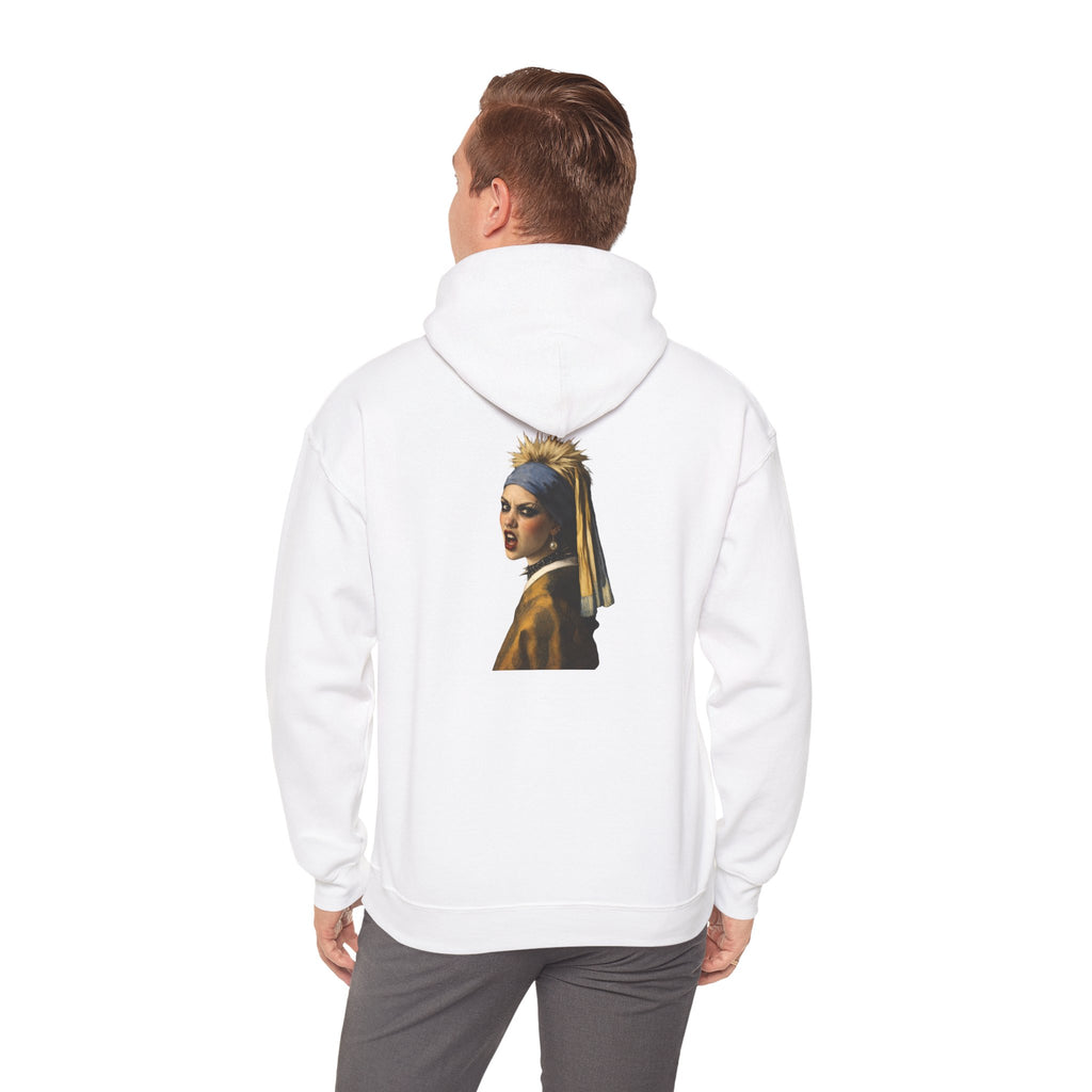 Man wearing white hoodie with a graphic of a reimagined Vermeer girl with a pearl earring on the back, displayed on a white background