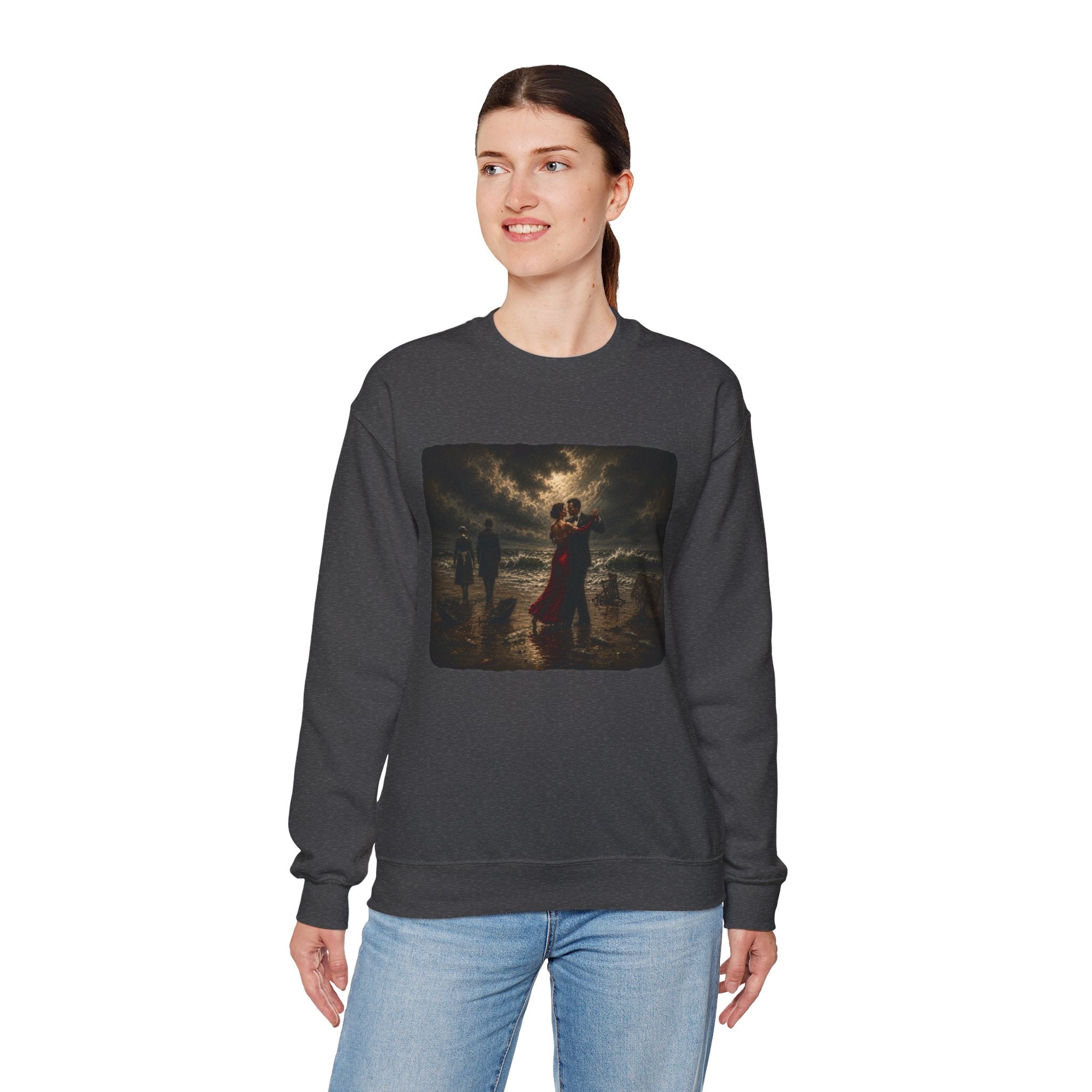 Woman wearing a dark heather sweatshirt with a printed design of a Vettriano inspired singing butler image
