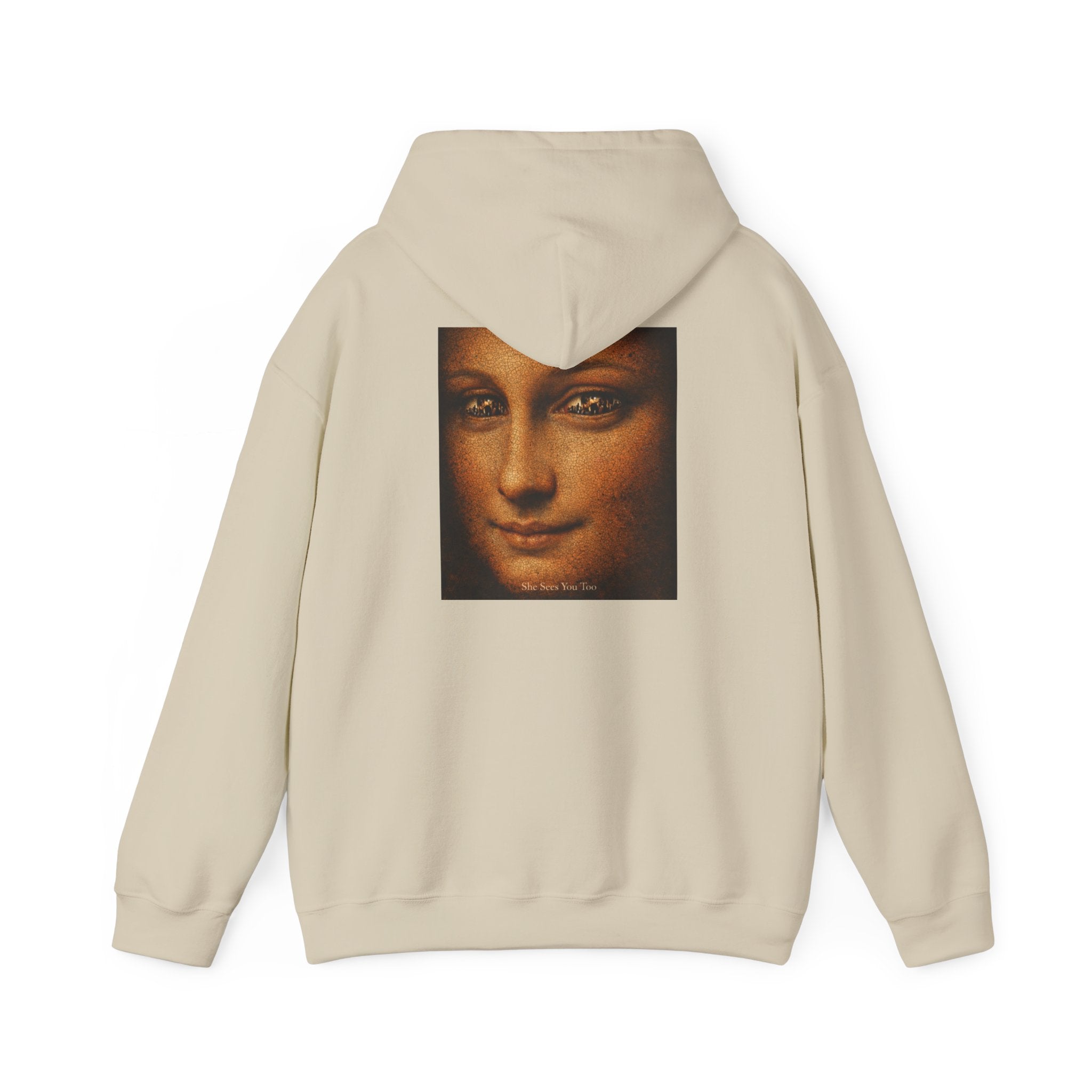 Beige hoodie printed with a reimagined graphic of Da Vinci's Mona Lisa on the back against a white background