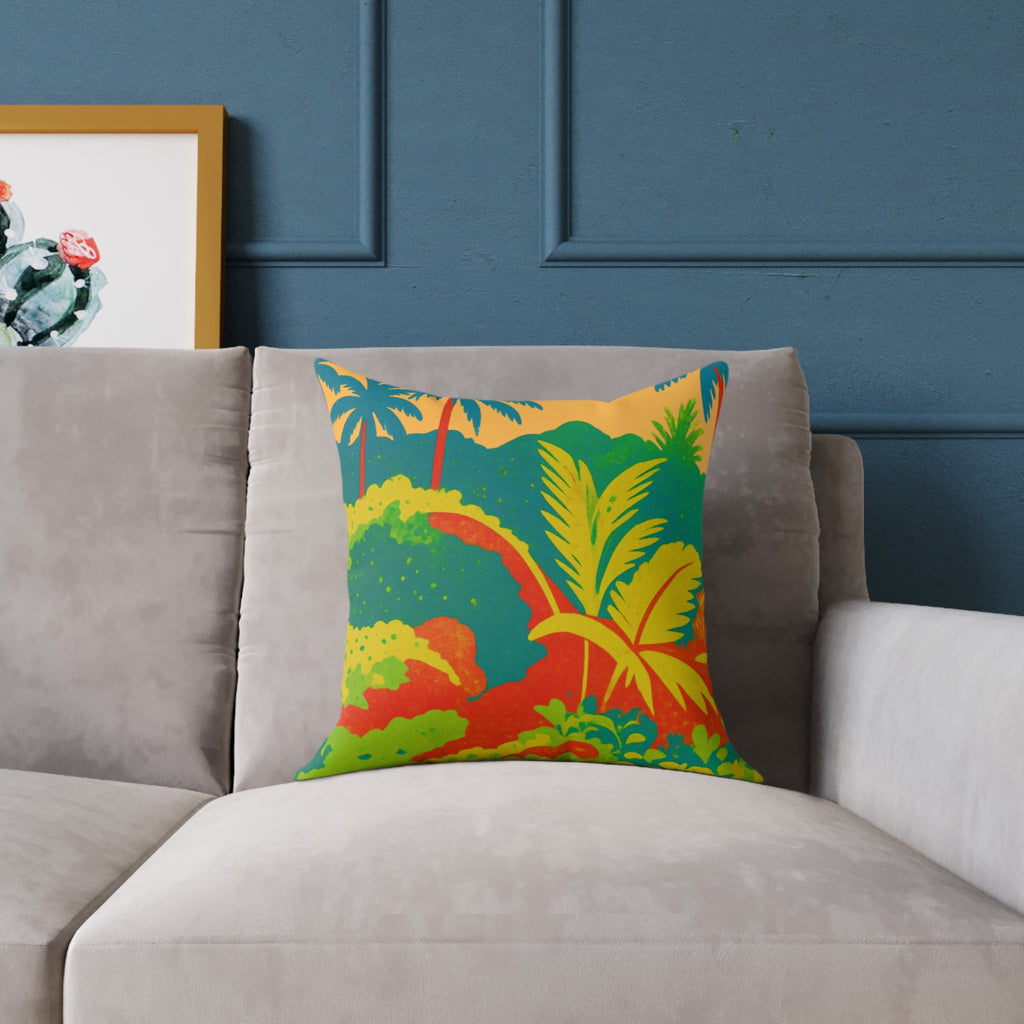 Colorful cushion with a tropical design on a gray sofa against a blue wall.