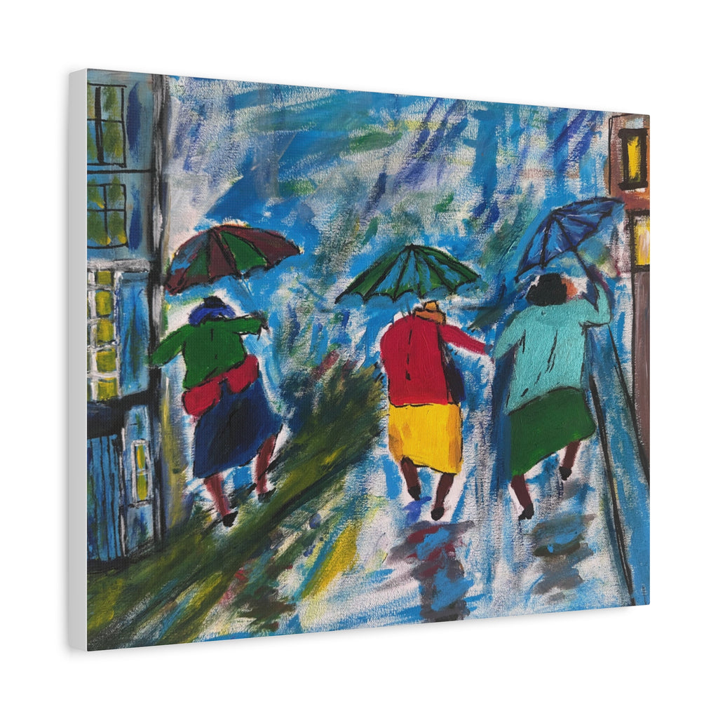 Painting of three people with umbrellas walking down a street