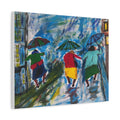 Painting of three people with umbrellas walking down a street