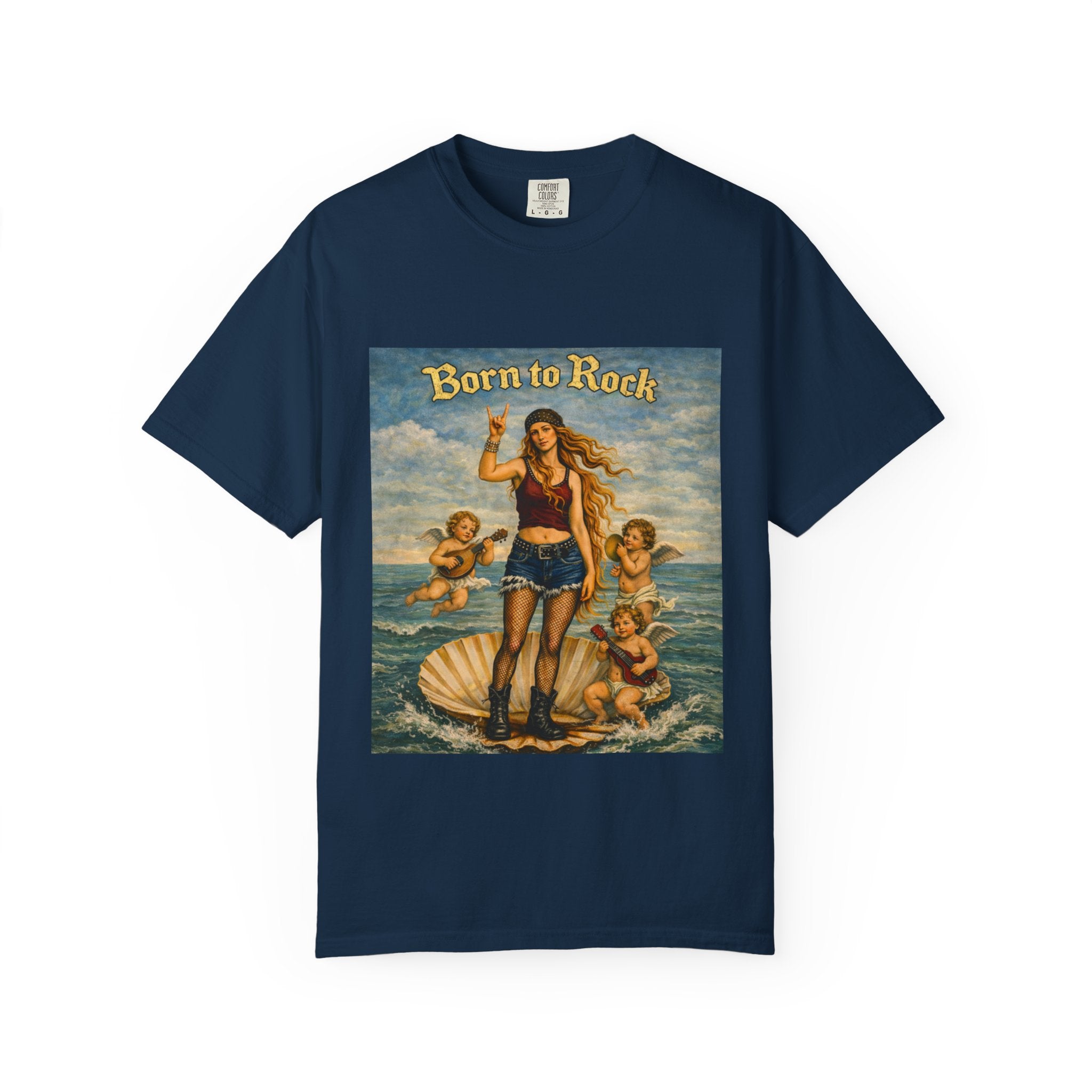 Navy t-shirt showing a reimagined image of Botticelli's Venus with 'Born to Rock' graphic design on a white background