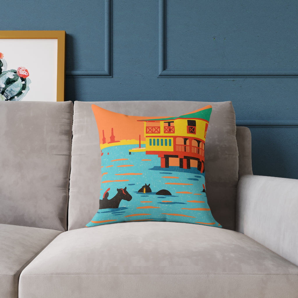 Decorative pillow with a colorful houseboat design on a gray sofa against a blue wall.