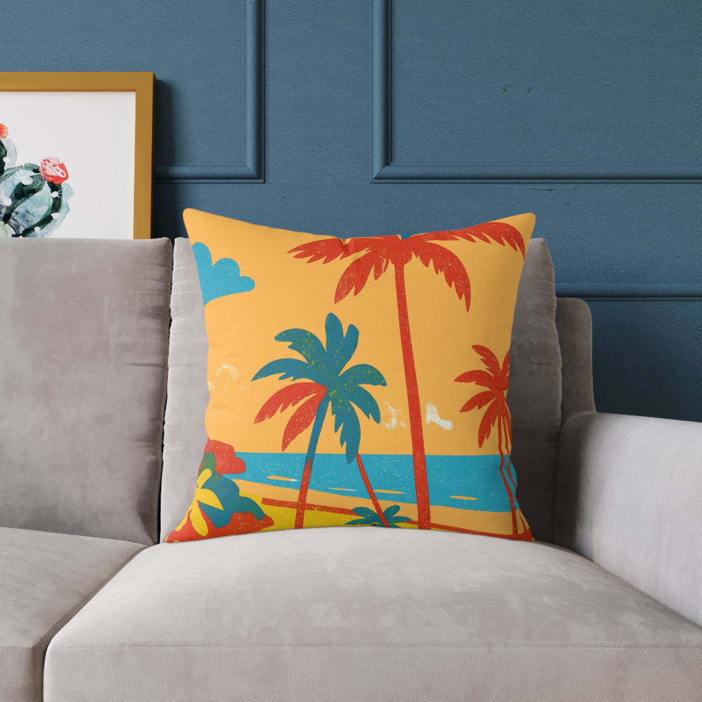 Tropical Palm Beach Cushion | Caribbean Coastal Wall Art | Colorful Retro Island Decor