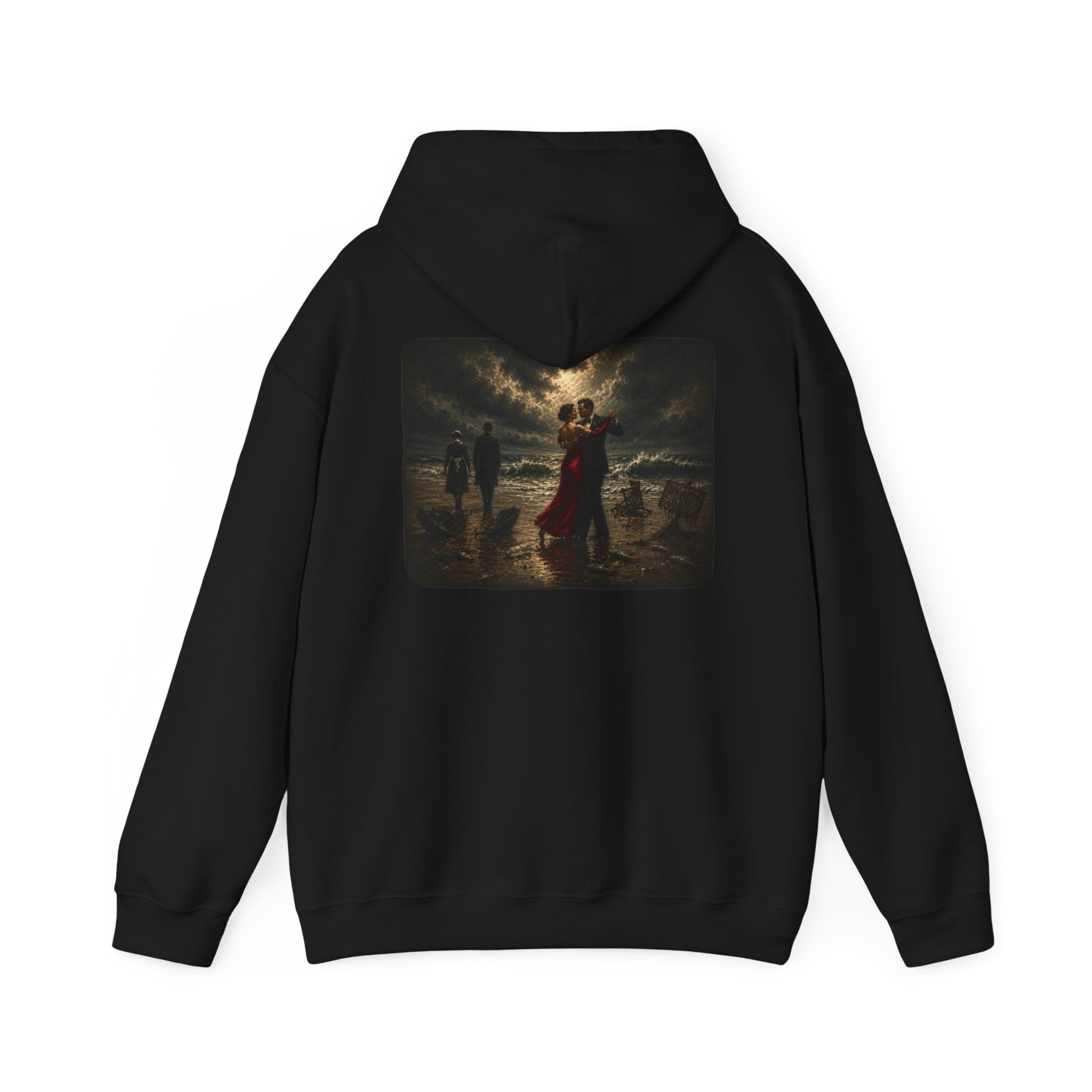 Black hoodie with a graphic of a Vettriano inspired Singing Butler print on the back on a white background
