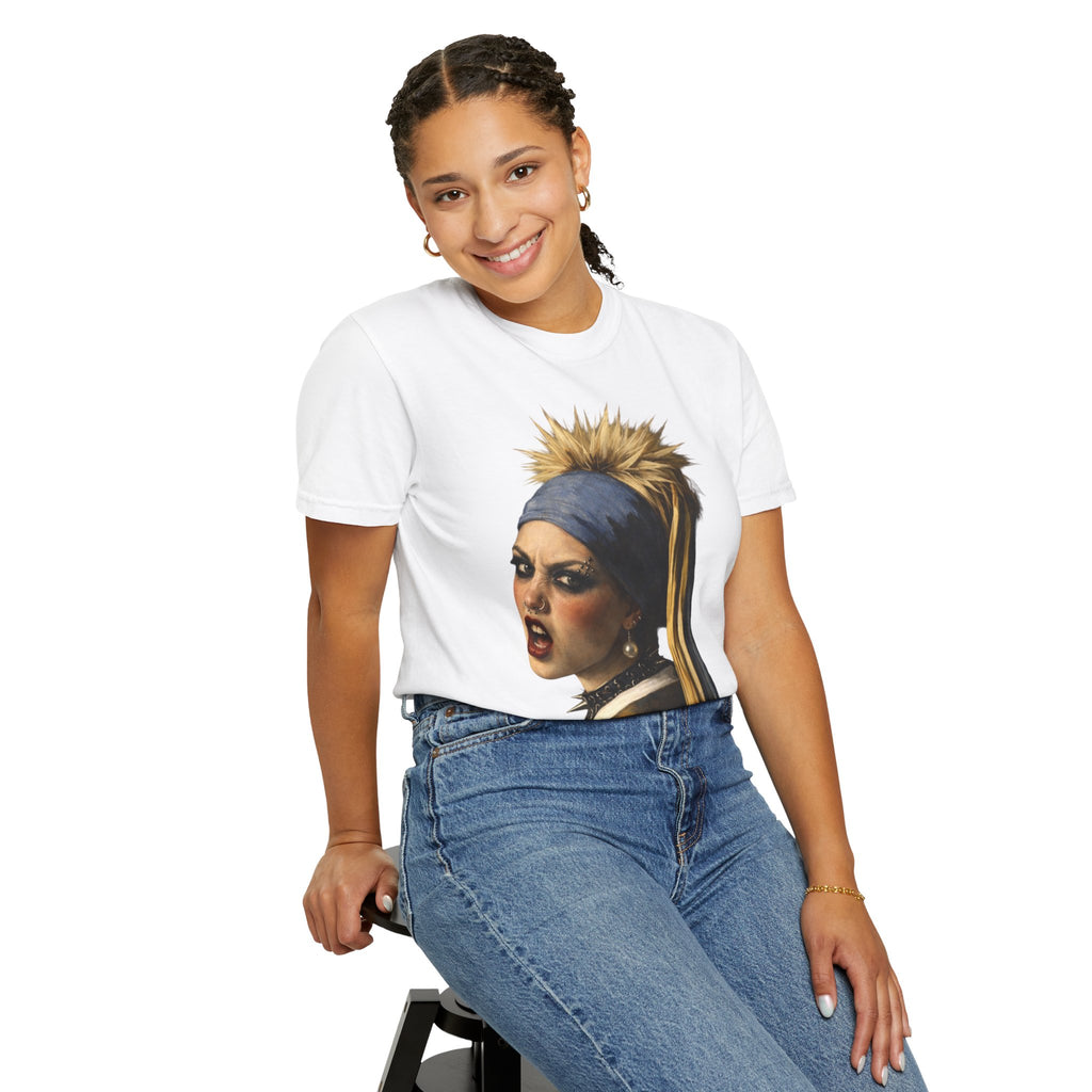 Person wearing a white t-shirt with a reimagined image of Vermeer's girl with a pearl earring sitting on a stool against a white background