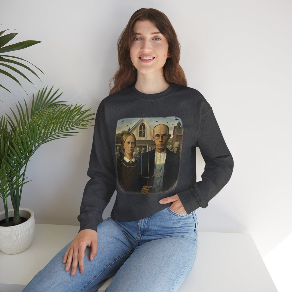 woman wearing black sweatshirt with a reimagined image of American Gothic by Grant Wood on a white background