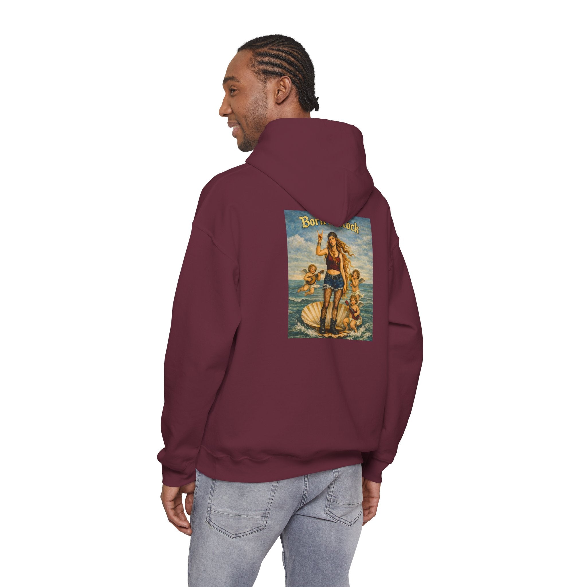 man wearing maroon hoodie with a reimagined image of Botticelli's Venus on the back with Born to Rock text on a white background 