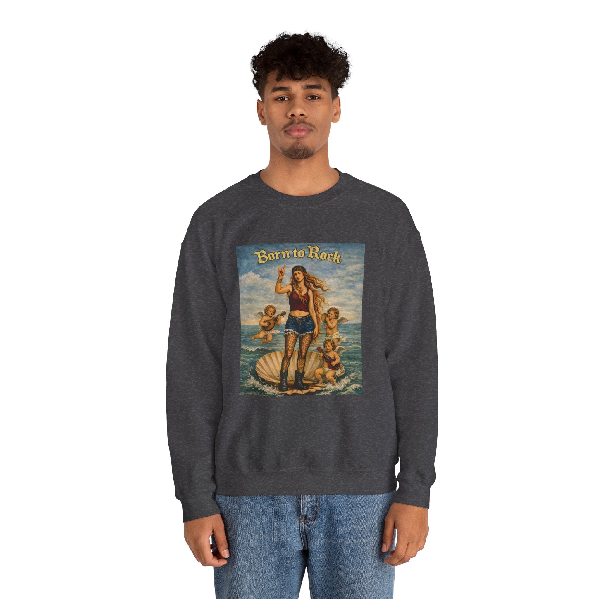 man wearing a dark heather sweatshirt with a graphic design of Botticelli's Venus with 'Born to Rock' text on a white background