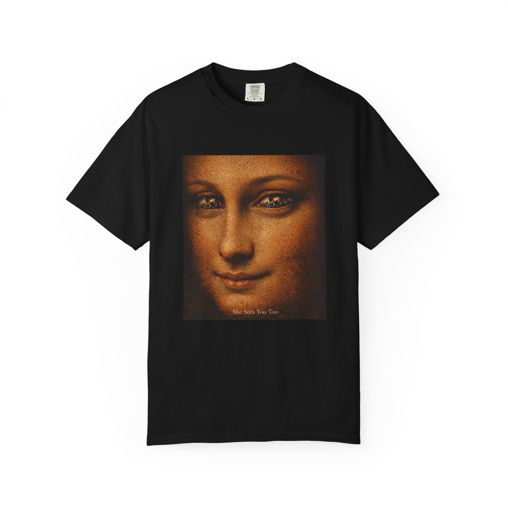 Black t-shirt showing reimagined image of Da Vinci's Mona Lisa on a white background